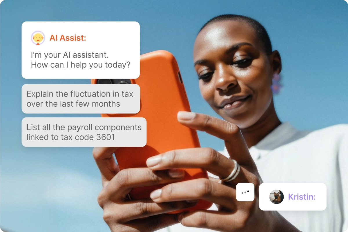AI Assist chat interface on a light background showing an employee question about December pay hours with an instant accurate response