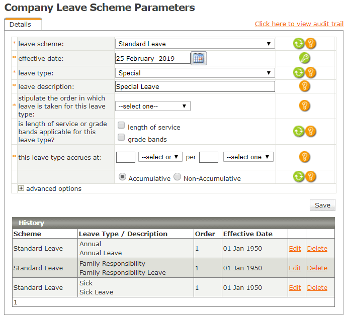 PaySpace Leave Admin Screen PaySpace Leave Administration