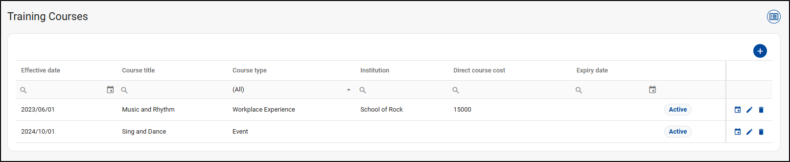 Training Courses Screen - Landing Page
