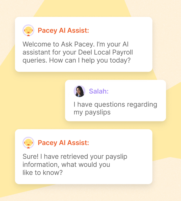 AI assistant chat interface showing Pacecy AI Assist helping a user with payroll and payslip questions