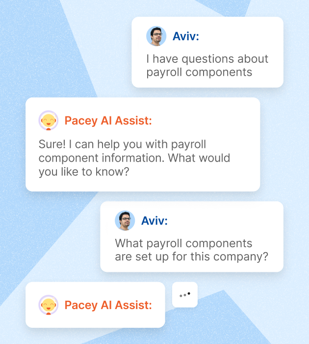AI assistant chatbot explaining payroll components to a user in a conversational chat interface